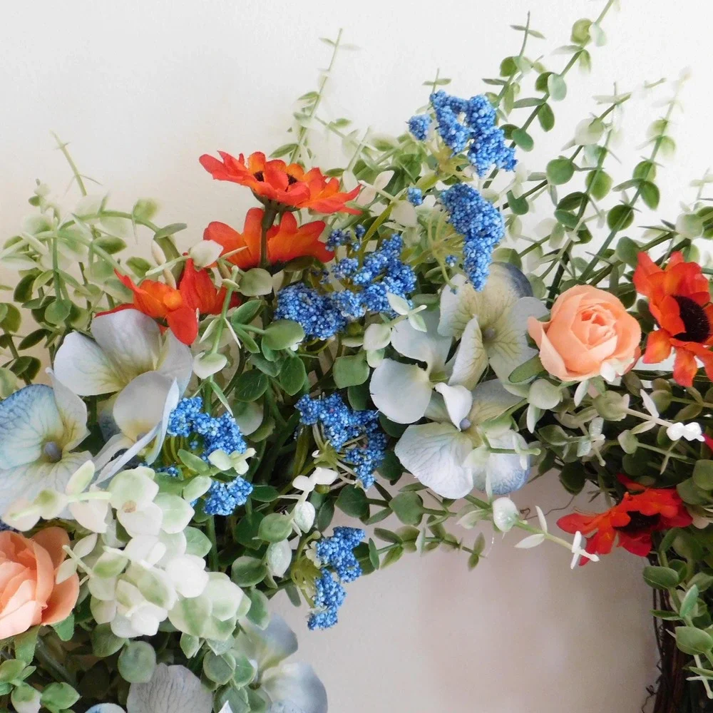 Wildflower Summer Wreath Wire Vine, Front Door, Blue Hydrangea, sunflowers